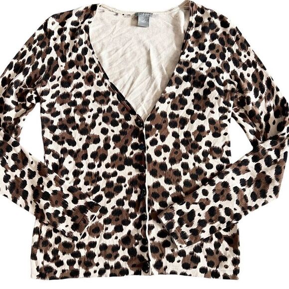 Ann‎ Taylor Silk Blend Size XS Animal Leopard Print Cardigan Sweater Business - Picture 1 of 9